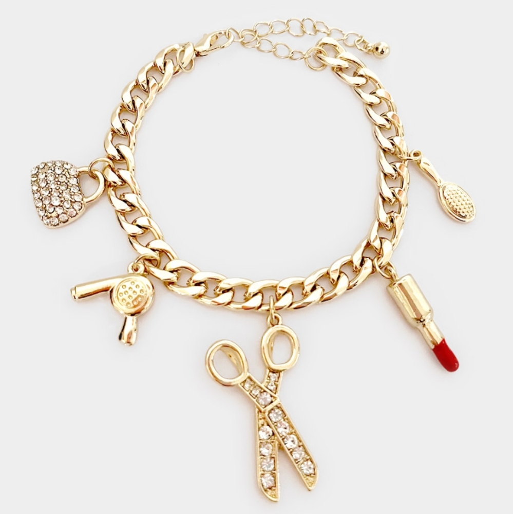 Tote Bag Dryer Scissors Lipstick Hairbrush Charm Station Bracelet